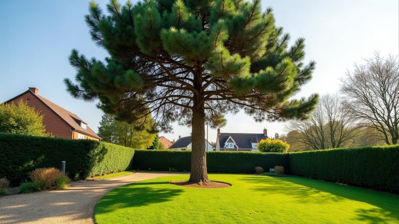 Jardin avec un grand arbre fraîchement élagué, couronne aérée et terrain dégagé