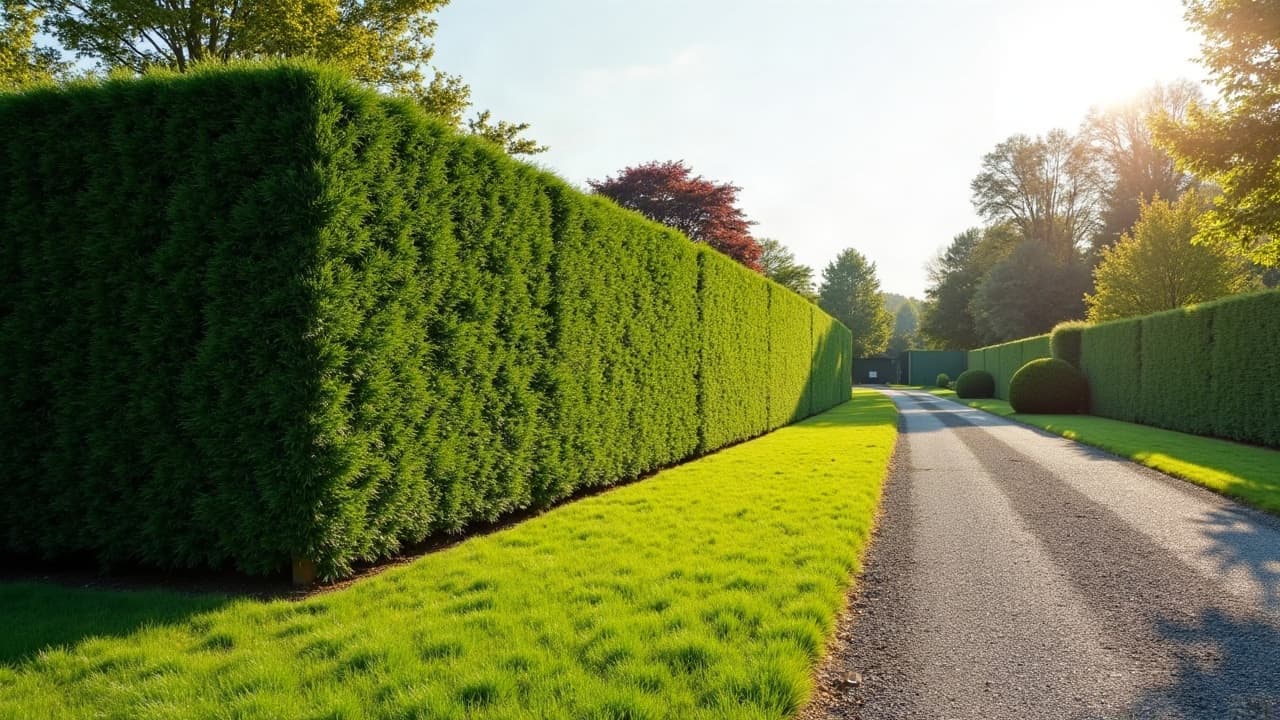 Haie de jardin taillée au carré, lignes nettes le long d'une clôture